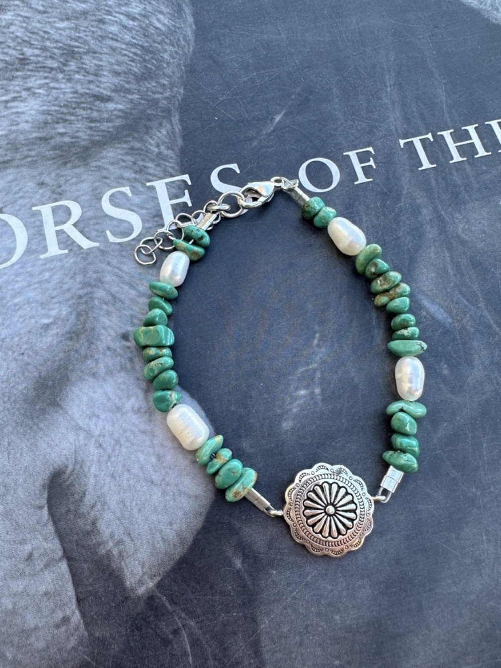 Sterling Silver Concho Turquoise & Pearl Bracelet - Green